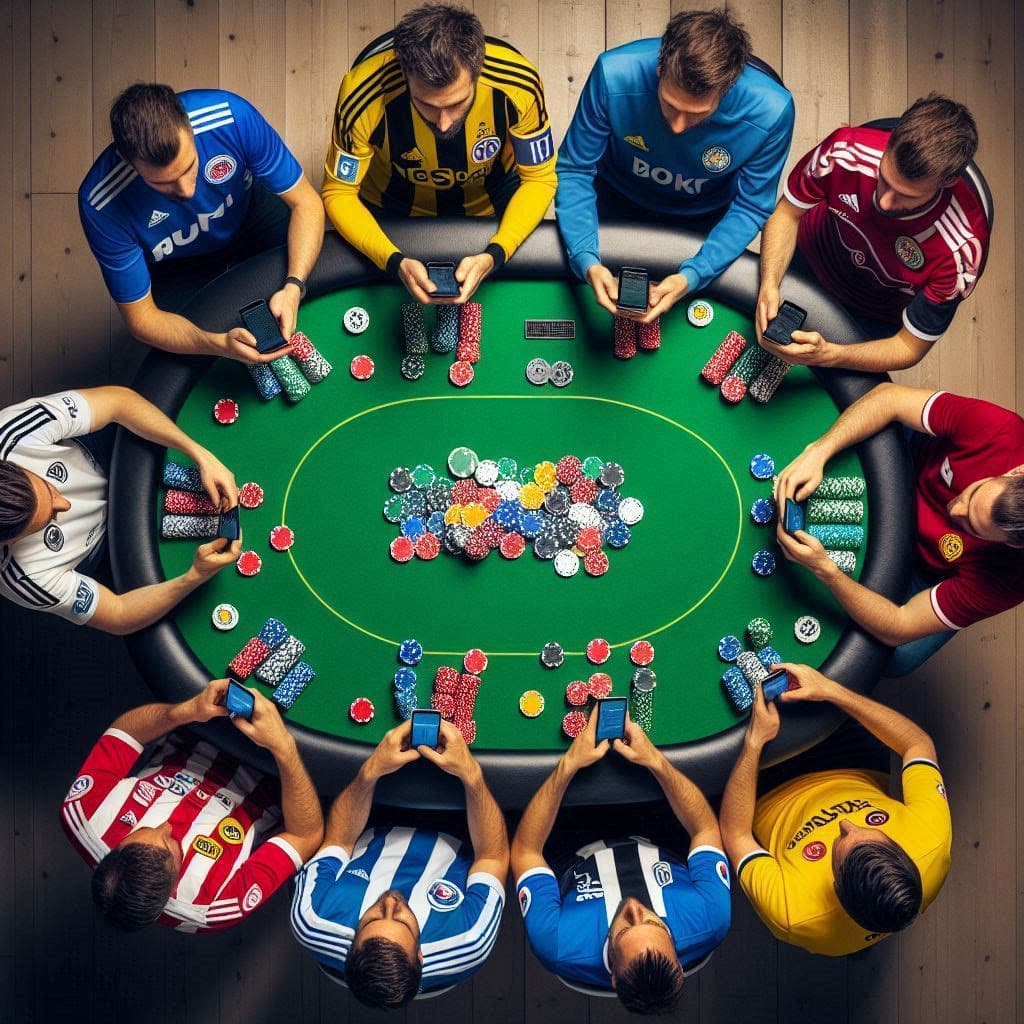 Fans af forskellige fodboldklubber samlet ved et pokerbord med deres fantasy-hold på telefonen